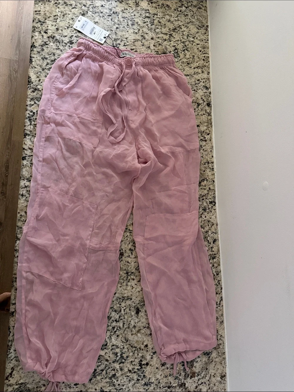 Zara Light Pink Drawstring Linen-Blend Jogger Pants